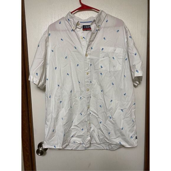 Chaps Classic Fit Pineapple Print Button Down Short Sleeve Shirt White XL - Picture 1 of 5
